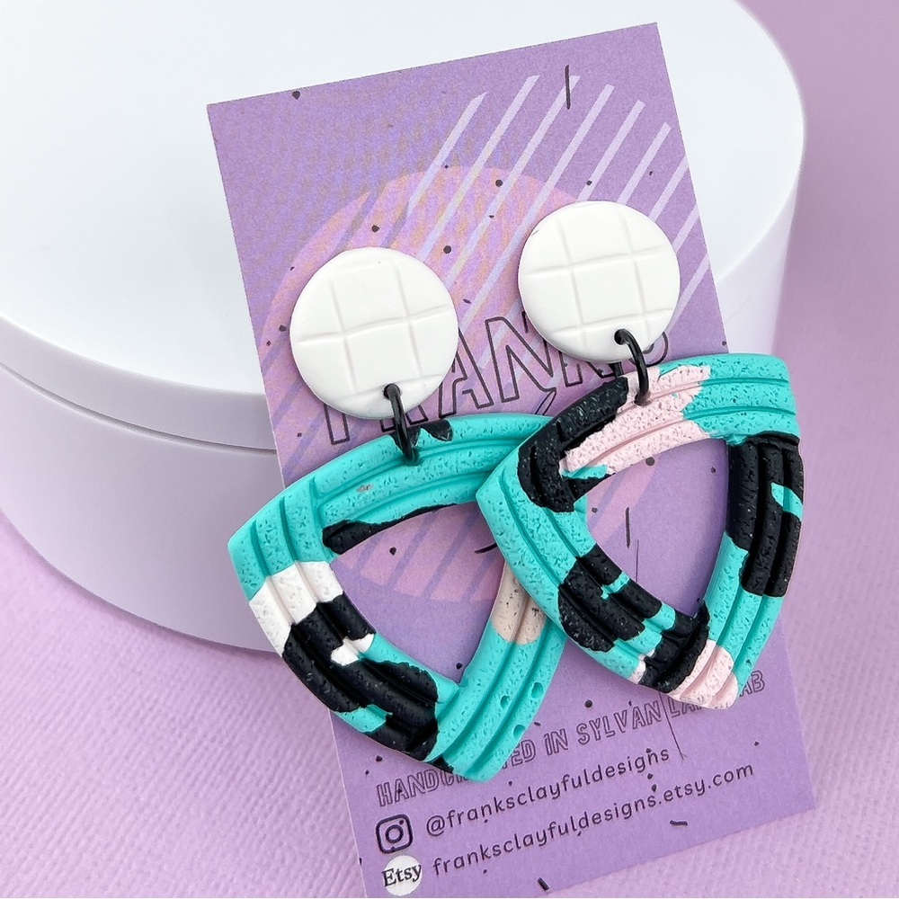 Abstract Textured Design Dangle Hoop Handmade Polymer Clay Earrings